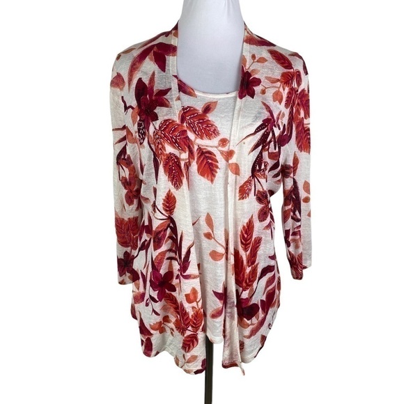 Leo Guy 2-Piece Floral Beaded Tank with Open Cardigan Women's 4 Beige Pink Red - Picture 1 of 12